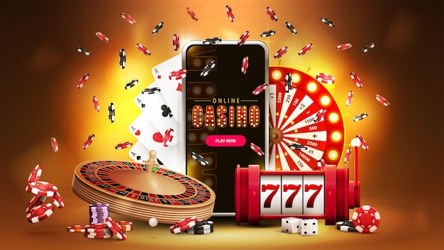 Premium Vector | Online casino banner with smartphone casino slot machine  Roulette playing cards poker chips and Casino Wheel Fortune on gold  background with bokeh 3d realistic vector illustration